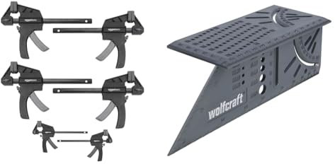Amazon Basics Serre-joints une main Lot de 6-2 pièces 10,16 cm, 4 pièces 15,24 cm, Noir/Gris & wolfcraft 5208000 - Équerre 3D d'onglet - Traçage angle de 45° à 90° - 150 x 275 x 66 mm