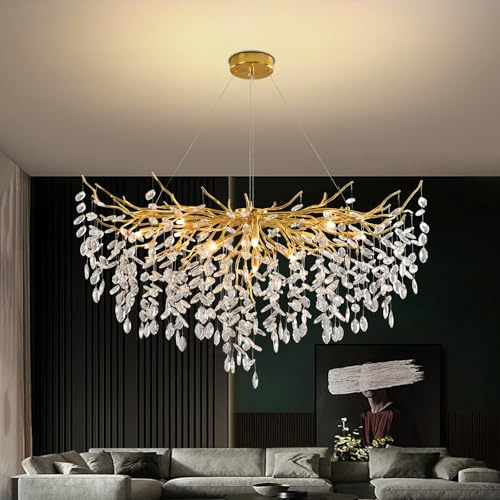 AHXIAOZN Lámpara de Araña Moderna de Cristal, Dorado Lámpara Colgante Oval de Cristal, K9 Cristal colgante de iluminación para sala de estar, comedor, dormitorio, restaurante, Dorado, 120cm