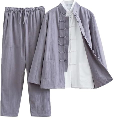 Chinesische Kampfkunst Kleidung,Tai Chi Kleidung, 3 - Tai Chi-Uniform aus Baumwollleinen, traditionelle chinesische Kleidung, Tang-Anzug, langärmelige Mantelhose, Zen-Meditationsuniform(Grey,XXL)