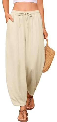 UMIPUBO Femme Pantalon Été Élégant 7/8 Pantacourt Taille Élastique Leger Chic Carotte Baggy pour des Vacances Décontractées Longueur Pants avec Poches A La Plage (Abricot, XXL)