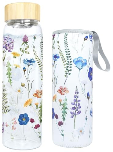 KYOEOE Bouteille Verre 1 Litre,Goulot 5,5 cm, 1000 ml Avec Couvercle Protection Passoire Acier Inoxydable,Sans Bpa,Étanche,Adaptée Boissons Gazeuses (Bleu-Violet)