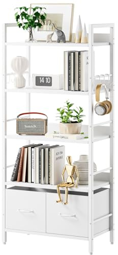 Aibiju Bücherregal mit 5 Ebenen und 2 Stoffschubladen, freistehendes Aufbewahrungsregal für Schlafzimmer, Wohnzimmer und Büro, Bücherregal Weiß YD-BC002W