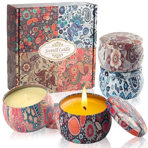 Auralome Bougies Parfumées Cadeau pour Femme - Lot de 4 Coffret Bougies Noel Chaque 4,4 oz D'Aromathérapie en Cire de Soja Parfumée Naturelle Bougie Cadeau pour Noël Maman Maitresse Decorative Maison