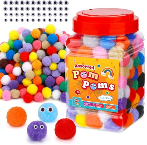 JUAYING 300 Pcs Pom Poms, 2.5cm Multicolor Pompoms for Crafting, Pom Poms Craft with 100 PCS Wiggle Eyes(5/6/7/8 Mm), Craft Pom Poms in Jar for Hats Crafts Projects, DIY Arts, Home Decorations