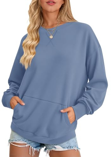 AUSELILY Damsweatshirt, överdimensionerad tröja, lös långärmad skjorta, rund hals, toppar med fickor för höst vinter, Blå-grå, M