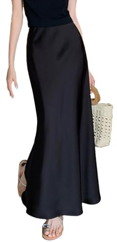 Jupe longue en satin pour femme - Élégante - Taille haute - Décontractée - Cocktail - Ligne A - Jupe fluide et soyeuse, Noir , XS