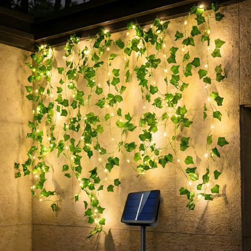 Kimuwote Cadena de luces solares para exteriores, 12M Cadena de luces de hiedra con 120 LED, Cadena de luces solares para exteriores resistentes al clima, 8 modos para jardín, balcón, terraza