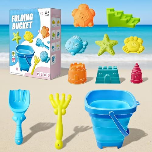 Moxiewell 11 Pezzi Giochi Spiaggia Bambini, Sabbia Giocattoli da Viaggio con Secchiello Pieghevole, Kit da Gioco da Spiaggia per Bambini, Giocattoli da Spiaggia per Bambini, Ragazzi e Ragazze (Blu)