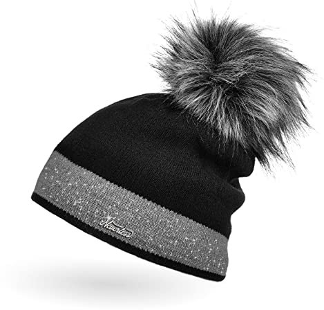Neverless Damen Strick-Mütze gefüttert mit Fell-Bommel Kunstfell Winter-Mütze Feinstrick Glitzer-Garn Bommelmütze schwarz-dunkelgrau Unisize