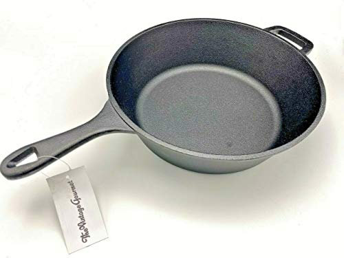 Vintage Gourmet ® Authentic Pre-Seasoned 27cm Diameter Cast Iron Deep Skillet Frying Pan- with Helper Handle - Overall Length 42cm pan is 8cm (80mm) deep !! - Oven Safe, Grill, Stove Top