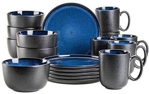 MÄSER 931971 Serie Niara, Modernes Geschirr Set für 6 Personen in aufregendem Vintage Look, 18-teiliges Frühstücksgeschirr Service aus Keramik in Blau und Schwarz, Steinzeug