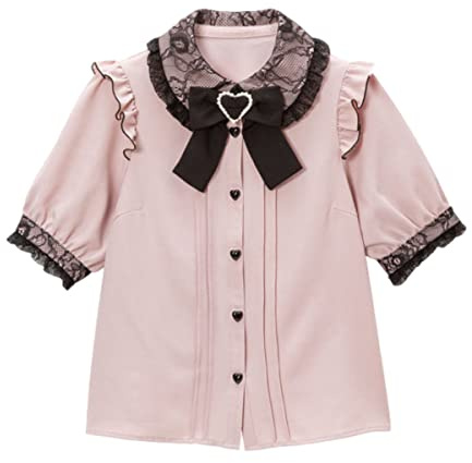 Camicetta da donna Lolita in pizzo con maniche corte a sbuffo, colletto Peter Pan, gotico, kawaii, vintage, con volant e fiocco