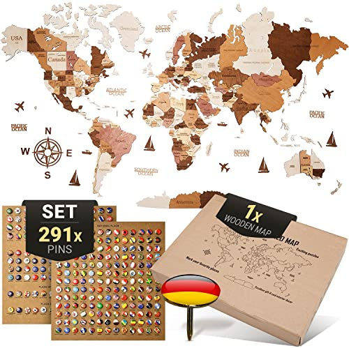WOW WOOD Premium Wanddeko 3D Weltkarte Holz in Deutsch mit Pins | Werkzeuglose Wandmontage | Eine Geschenkidee für jede Gelegenheit | Wand deko Holz für Wohn- und Büro Deko (Holzfarbe, 213x113 cms)