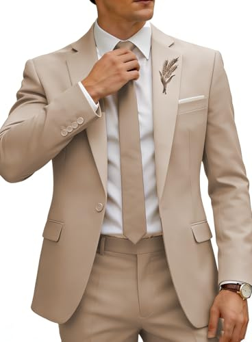 KLAYOVE Mens Slim Fit 2 Piece Suit Two Button Notch Lapel Solid Dress Suits Wedding Tuxedo for Prom (Suit Jacket + Pants + Tie) Beige S