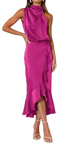 KIRUNDO Women 2026 Spring Summer Satin Mock Neck Wedding Guest Party Cocktail Midi Dress Sleeveless Wrap Ruffle Formal Dress(Rose Red, XX-Large)