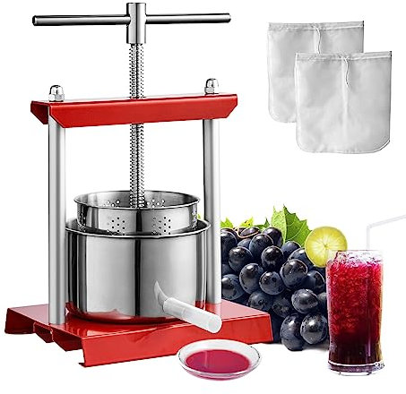 VEVOR Torchio per Vini di Frutta 3 Litri Torchietto Manuale Pressa per Succo di Frutta con Impugnatura Cestello in Acciaio Inossidabile, Estrattore per Olio d'Oliva UVA Mela Sidro Verdure Miele Succo