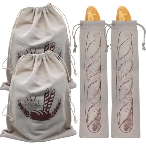 AIMEKE 4 Pièces Sac à Pain Coton Lin Biologique Sacs à Pain Réutilisables Sacs à Pain en Lin avec Cordon de Serrage pour Pain Fruits Légumes (29 × 38,5 cm /14,4 × 65 cm)