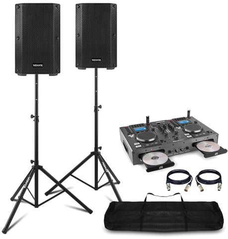 VONYX VSA08BT Active DJ Speaker Packages with Stands, Twin CD Mixer, Bluetooth and MP3 Player - Complete Small DJ Set for Mobile DJs, Parties and Events
