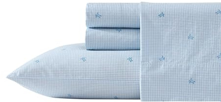 Laura Ashley - Queen Sheets - Cotton Percale Bedding Set Lightweight Breathable Home Decor (Blue Gingham Turtle, Queen)