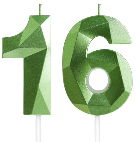 Yiran 16th Birthday Candles, Green Number 16 Candle for Cake, Happy Birthday Candles, Green Cake Topper Decorations for Birthday Party Baby Shower Wedding Anniversary
