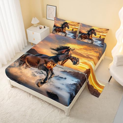 AILONEN Queen Size Horse Fitted Sheet Set, 4-Piece Set, 1 Flat Sheet + 1 Fitted Sheet + 2 Pillowcases, Kids Boys Girls Bed Sheet Set, Horse Gifts