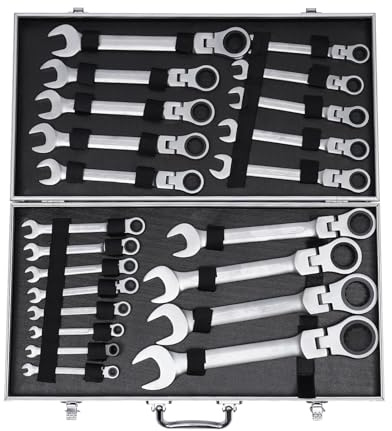 ClearFragrans Set di chiavi a cricchetto snodato, 6 – 32 mm, 22 pezzi, funzione a cricchetto per rotazione destra/sinistra