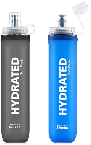 SLUXKE 500ml Faltbare Trinkflasche Set von 2, Faltbare Wasserflasche TPU Soft Flask, Leichte, Flexible, Rollbare, BPA FREIE Sportflasche zum Wandern Camping Fitness Klettern
