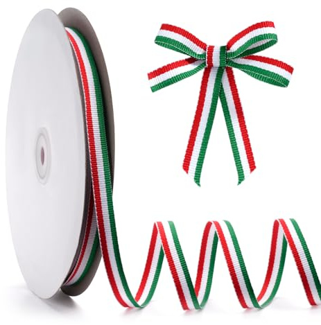 FAKILO Nastro in grosgrain a righe verdi, bianche e rosse, 9,5 cm x 45,7 m, double-face, decorazioni per cheerleader, festa nazionale, decorazioni natalizie, decorazioni per la casa
