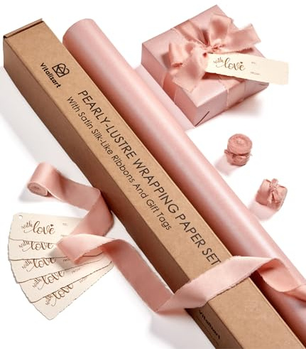 Vitalizart 76 cm x 5 m rosa presentpapper med rosa chiffong satinband och återvinningsbara presentetiketter, rulle presentpapper till jul, födelsedag, bröllop och hantverk