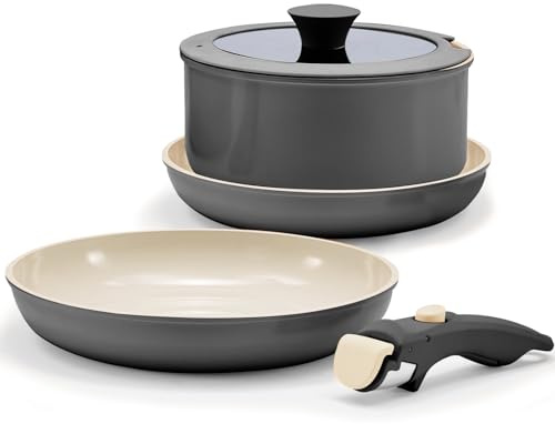 Florosa Keramik Töpfe & Pfannen 5-teilig, 20/26cm Ungiftiges Kochgeschirr Set, Antihaft beschichtete Pfanne mit Deckel & abnehmbaren Griffen, Induktion und backofengeeignet, PTFE/PFOA Frei, Schwarz