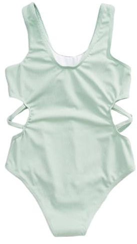 Girls One Piece Swimming Costume Solid Color Ladder Cut Swimsuit High Waisted Quick Dry Teen Girls Beach Bathing Suit Bikinis Age for Summer Sunbath Pool Tankini Age (Light Green, 8-9 Years)