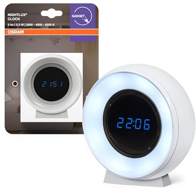 Osram NIGHTLUX Digitale Uhr & Nachtlicht mit Sensor, 0,3W, 5lm, Batterbetrieb, USB-Ladekabel, Farbwechselfunktion für weißes Licht, einfache Montage, nur für Innenräume geeignet (auch Feuchträume)