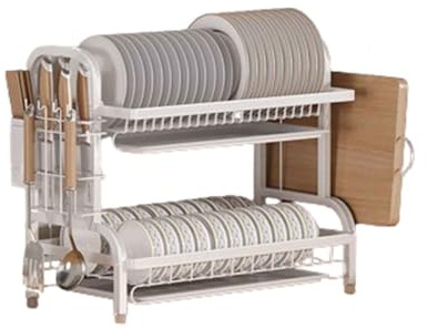 Escurreplatos de cocina para platos, cesta de cubiertos, estante de secado blanco con bandeja de goteo, organizador de ahorro de espacio para muebles de cocina (43 x 25 x 39 cm)