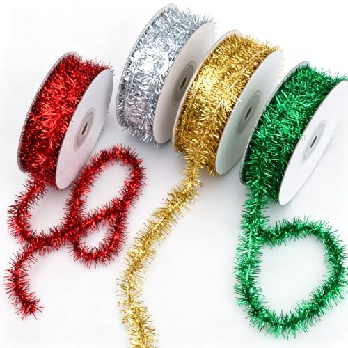 4 Rolls Christmas Tinsel Garland, Christmas Tree Hanging Thin Tinsel Decorations, Shiny Garland Metallic Xmas Tinsel for DIY Craft Supplies, Tree, Wrapping Gift Decoration