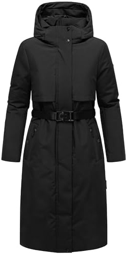 Navahoo Damen Wintermantel warmer, wasserabweisender Parka mit (abnehmbarer) Kapuze und Taillengürtel Waldbummler 14 Black Gr. L