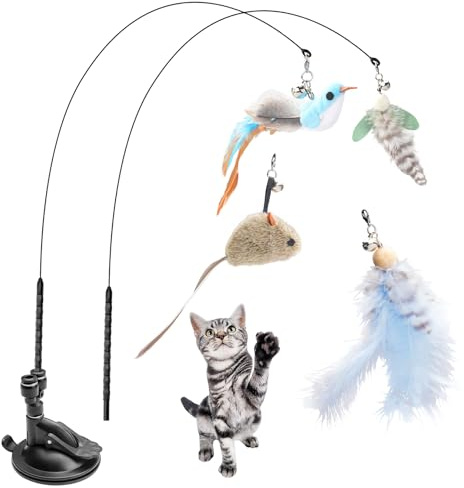 7 Stk Interaktives Katzenspielzeug Selbstbeschäftigung,Interaktive Katzenangel Stabil,Federspielzeug für Katzen Spielzeug Kitten Spielzeug,Katzenangel mit Austauschbaren Köpfen Katzenspielzeug-Set
