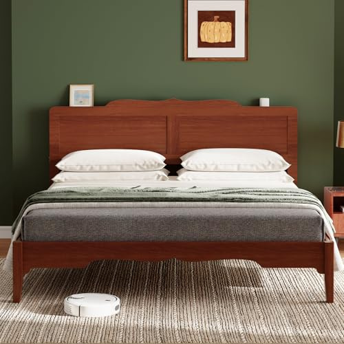 Belffin Queen Bed Frame with 47'' Headboard, Wooden Japanese Platform Bed with Wood Slats, Modern Bed Frame with Storage&Charging Station, Easy Assembly, Noise Free, Brown
