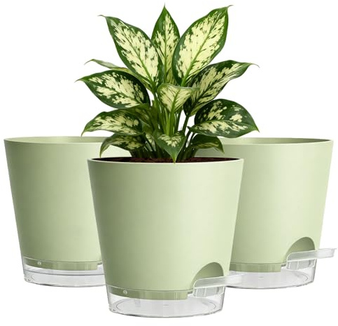 KINGLAKE 15cm Selbstbewässerungstopf- 3er Set Blumentopf Plastik mit Absorptionskern & Transparentem Wasserreservoir, Modern Kräutertopf mit Untersetzer für den Innenbereich- Grün