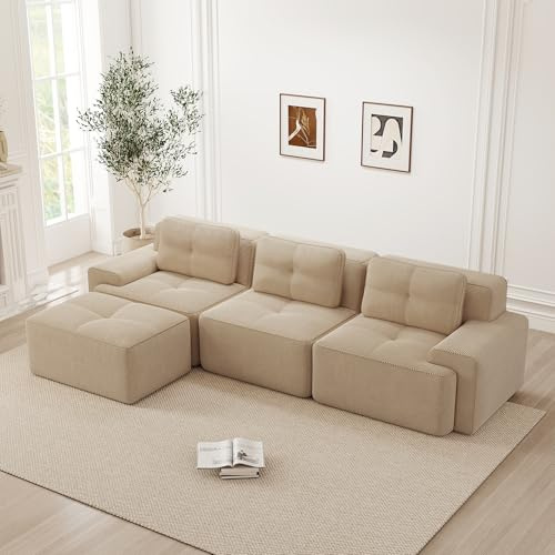 Bladez Cloud Divano ad angolo moderno a forma di L in velluto jumbo con ottomana, senza montaggio, divano imbottito cloud, combinabile per il soggiorno (beige, 3 posti + 1)