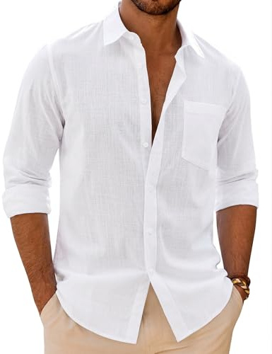siliteelon Mens Linen Shirts Long Sleeve Cotton Casual Regular Fit Solid Button Down Beach Summer Tops with Pocket