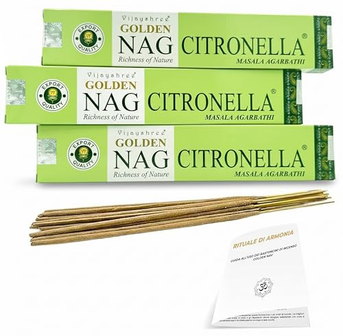 Golden Nag Citronella Incenso Bastoncini Set 3 Confezioni – Incensi Masala Agarbathi alla Citronella, Fragranza Fresca e Agrumata per Balcone, Terrazzo, Giardino, Casa e Serate Estive
