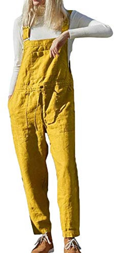 Damen Frauen Retro Latzhose Lässig Insgesamt Baggy Jumpsuits, Morbuy Leinen Taschen Playsuit Hose Lange Harem Casual Overalls Täglichen Trousers Pants Schwangere Hosen (Gelb,M)