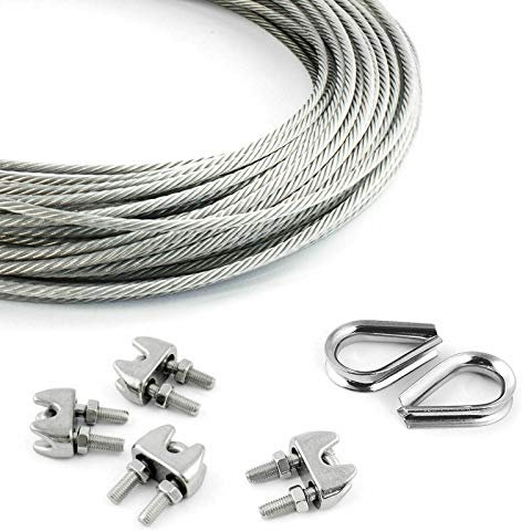 DQ-PP stållina SET | 2 mm | 50 m | 4 st. repklämmor 2 mm | 2 st. byten 2 mm | Rostfritt stål INOX | 7 x 7 medium mjuk | trådrep för rankhjälp rostfri rep ståltråd skogsrep spännlina terrängrep