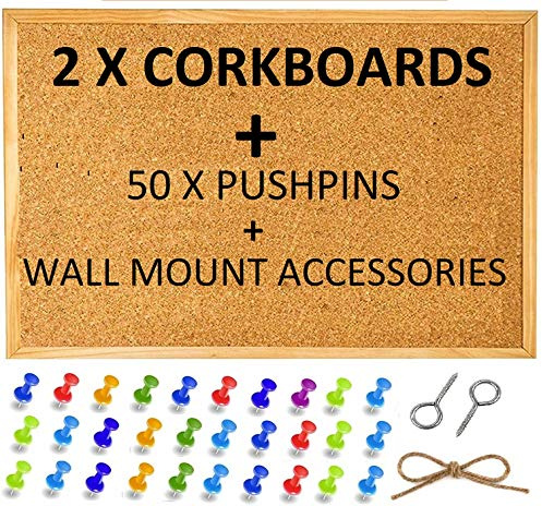 2 Pack Large Cork Pin Notice Board Bulletin Vision Boards for Home Bedroom Offices Memo Message Pictures Planner Display Organiser Wood Frame Corkboard - with 50 Push Pins and Wall Mount Screw