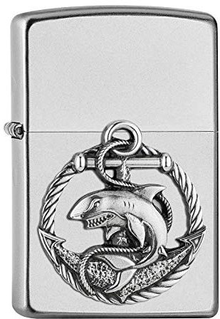 ZIPPO 2007130 - Emblema Shark, cromo satinato, accendino a benzina, ricaricabile, in confezione regalo di alta qualità
