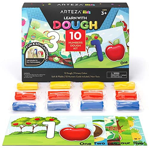 Arteza Kids Play Dough, Number Learning Dough Clay Kit, 12 Pieces, 0.8 oz, Red, Yellow, and Blue, 10 Numeric Cards, Art Supplies for Kids
