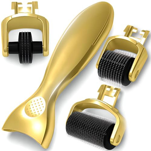 Retoo Dermaroller, per trattamento della pelle, micro aghi veri in titanio, 3 aghi da 0,5, 1, 1,5 mm, testina intercambiabile per il corpo, per la casa contro l'acne, gold, 2,8 cm x 12,5 cm x 2 cm