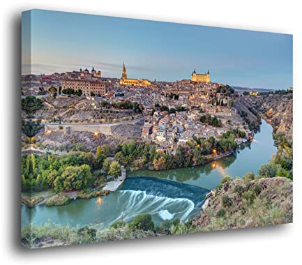 Genérico Cuadro Lienzo Canvas Casco Antiguo de Toledo Alcazar y Rio Tajo Luces Spain - Lienzo de Tela con Bastidor Madera de 3cm - Alta resolucion (60, 40)