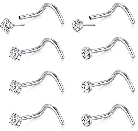 Mayhoop 20G Piercing Nariz Stud Acero quirúrgico Plata Nariz Tornillo Anillo de Nariz con 2 mm CZ para Mujeres Hombres Push In Design Piercing de fosa Nasal 8 Piezas