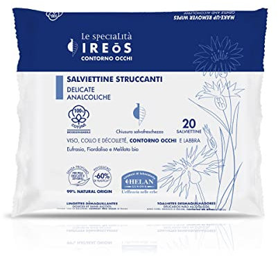 Helan, IREOS - Salviette Struccanti Delicate per Pelli Sensibili, Struccante Viso e Occhi, Labbra e Collo per Skincare e Pulizia Viso, Salviette Struccanti e Lenitive con Olio di Cocco, 20 Salviettine